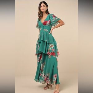 NWT Lulus Midnight Mood Teal Green Floral Print Tiered Maxi Dress M
